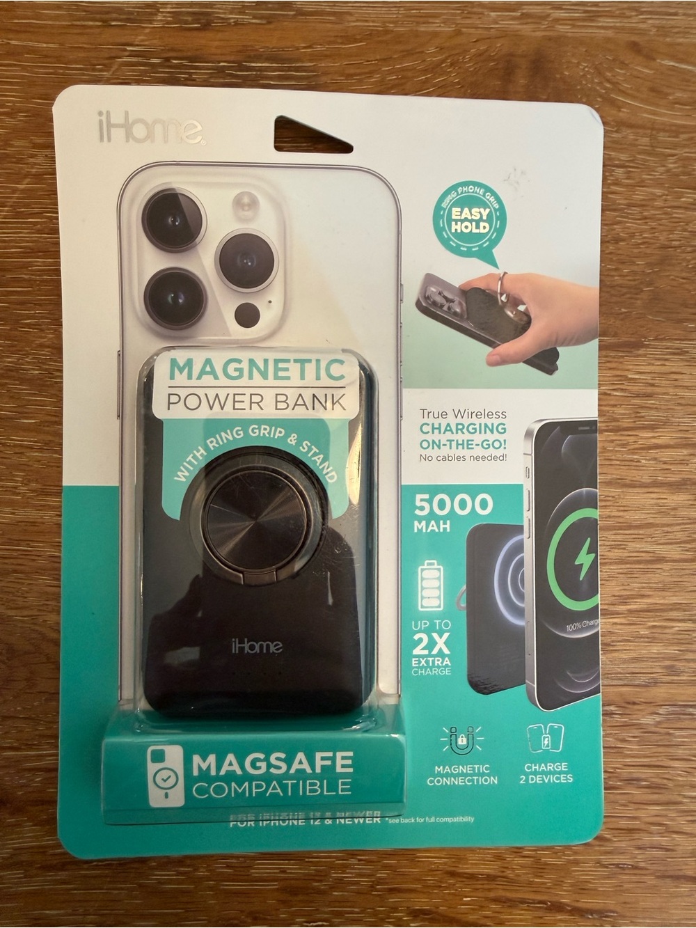 iHome Black Magnetic MagSafe Power Bank with Ring Stand